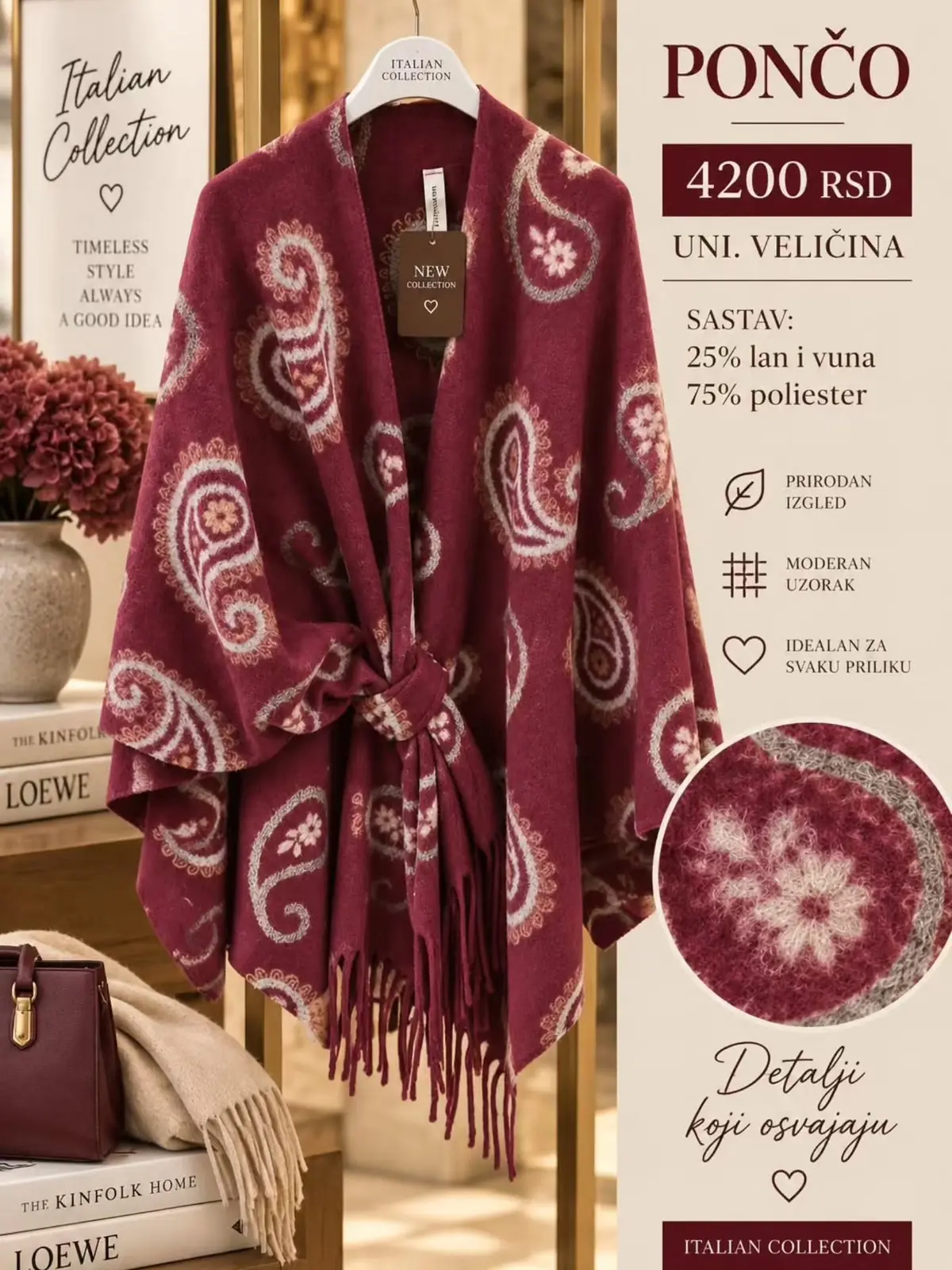 Pončo sa resama, bordo paisley